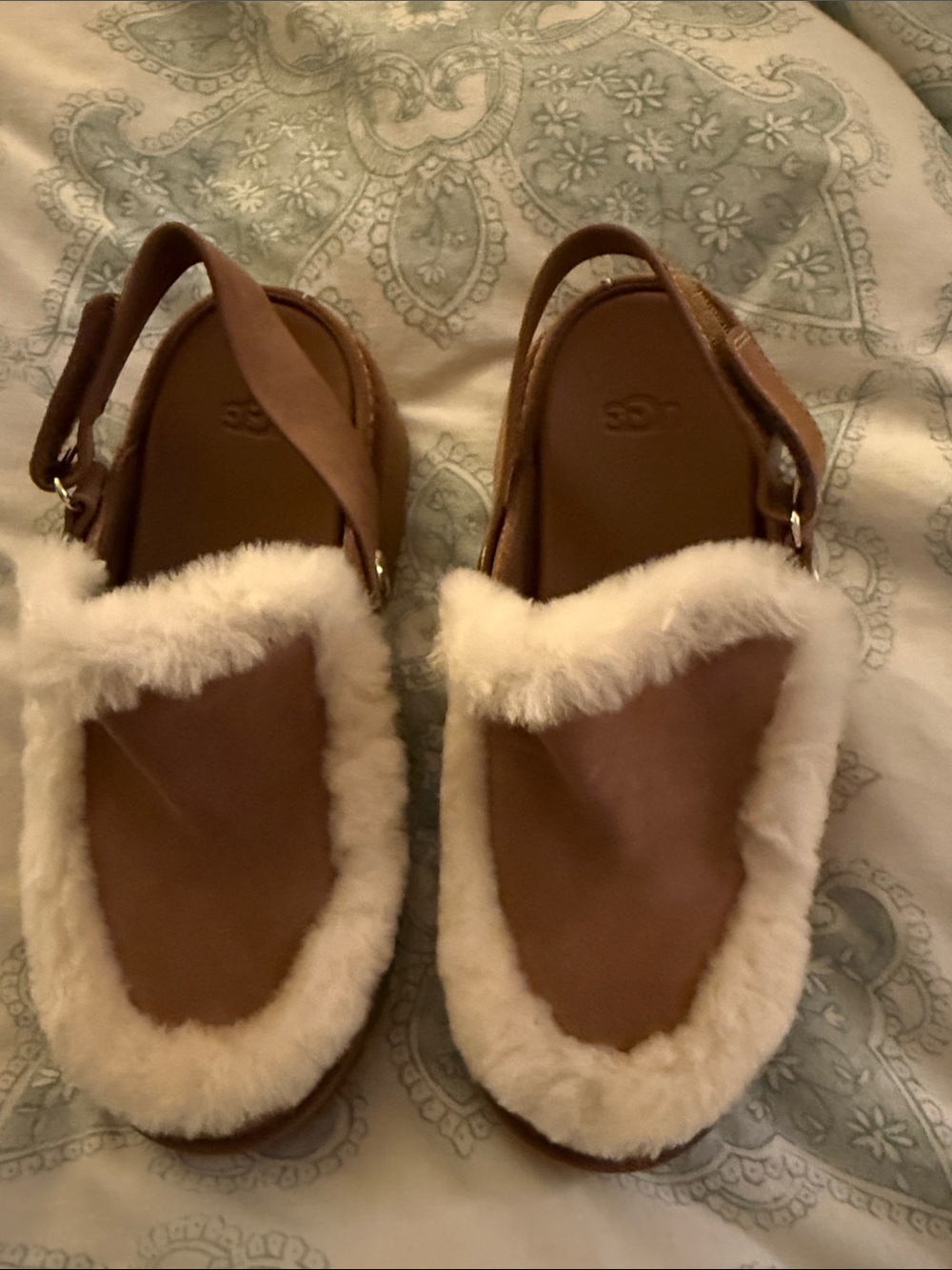 UGG Brown Leather Slingback Mules with Cream Shearling Trim
